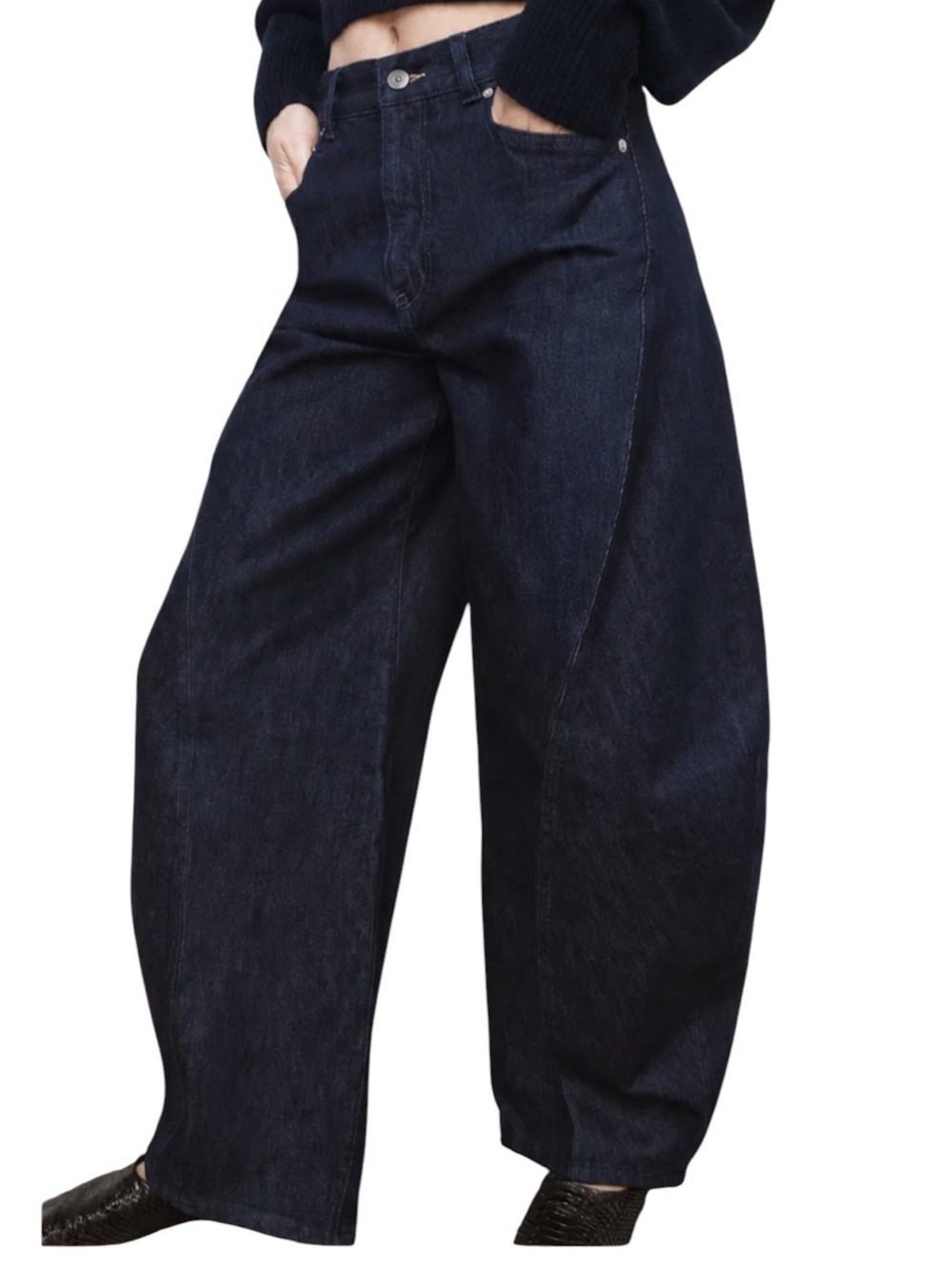 ZARA WOMAN COLLECTION MID-RISE - BARREL LEG Dark Wash 10 NWOT